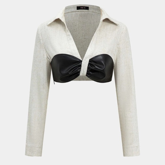 NWT! Micas Faux Leather/Linen Crop (S) Beige & Black - Picture 4 of 8